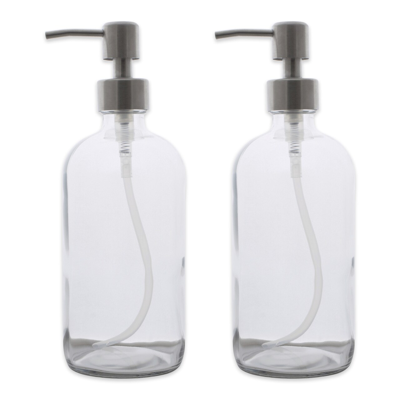 Contemporary Home Living Set of 2 Clear and Gray Glass Bottles with Pump Top 16oz.